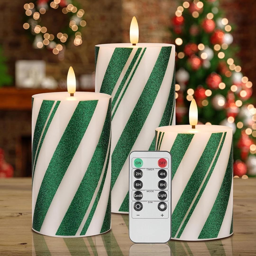 Candy Cane Stripe Flameless Candles with Remote, Green Battery Operated Pillar Candles Real Wax, Flat Top Flickering Christmas LED Candle Decorations for Xmas, Home, Party Decor, Set of 3