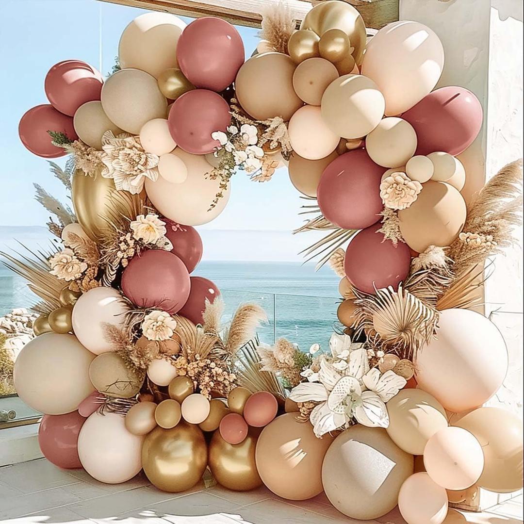 Dusty Rose Balloon Arch Kit Double Stuffed Mauve Pink Cream White Sand Tan Boho Balloon Garland with Blush Brown Gold Latex for Baby Shower Wedding Birthday Fall Party Decoration