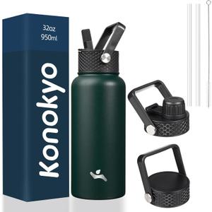 32 oz Insulated Water Bottle Stainless Steel Sport Bottles with 3 Lids,Army Green