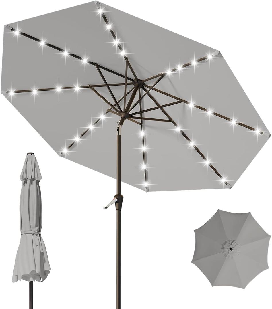 9FT Patio Umbrella with Solar Lights,Outdoor Market Umbrella with Tilt and Crank, LED Lighted Table Umbrella for Garden,Deck,Backyard,Pool,Beach (Light Gray)