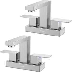 Bathroom Sink Faucet, Hurran 4 inch Brushed Nickel Bathroom Faucets for Sink 3 Hole with Pop-up Drain and Supply Lines, Stainless Steel 2-Handle Faucet for Vanity RV Restroom, 2 Pack