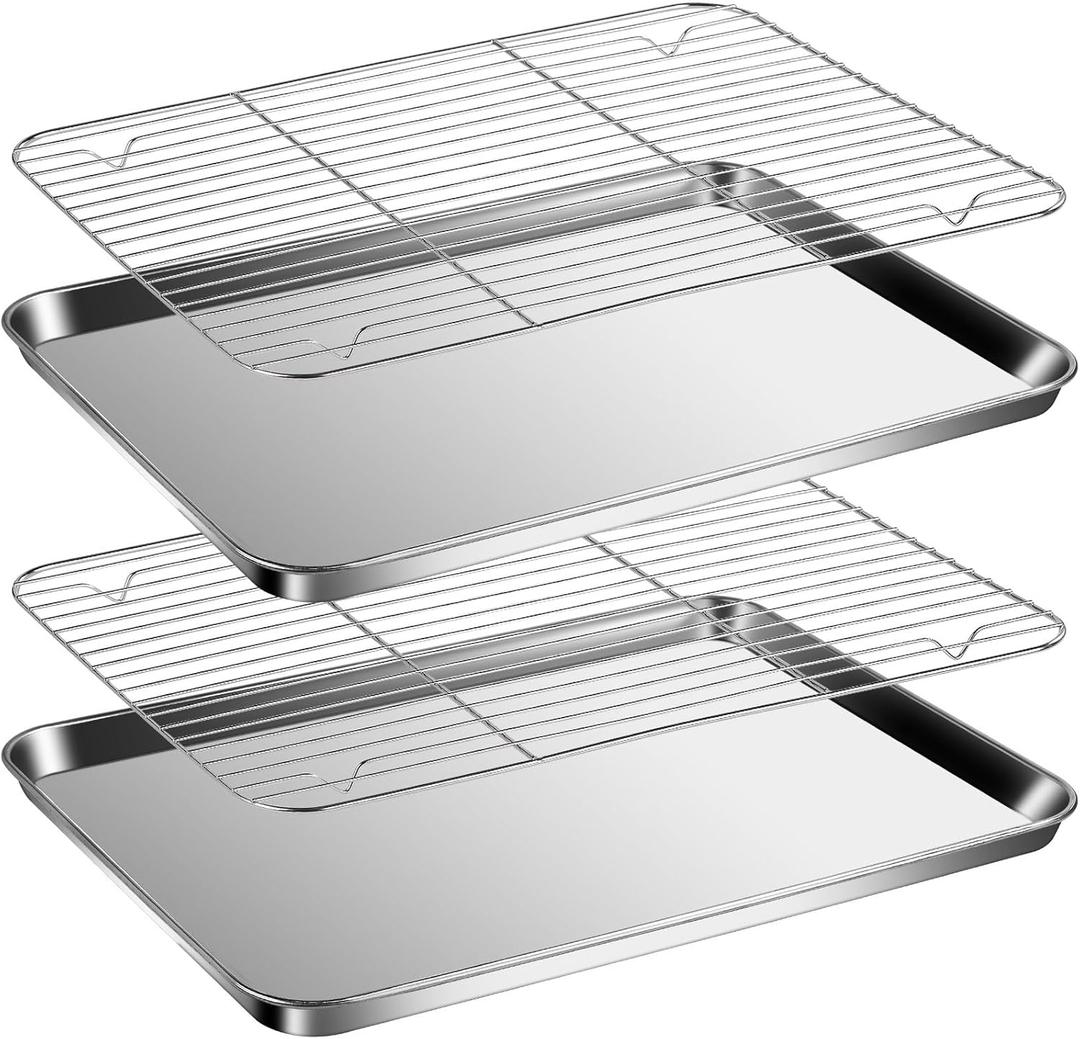 Baking Sheet & Rack Set [2 Sheets + 2 Racks], Stainless Steel Cookie Pan with Cooling Rack, Non Toxic & Heavy Duty & Easy Clean Size 18 x 13 x 1 Inch