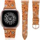 Minyee Leather Band Compatible with Fitbit Versa 4/Versa 3/Fitbit Sense 2/Sense Band Women, Boho Western Embossed Sunflower Floral Designer Cute Fancy Slim Thin Leather Strap for Versa 4 Smartwatch