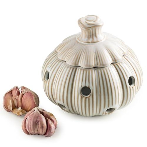 Cormomu Garlic Storage Pod Ceramic Garlic Keeper with Lid Large Garlic Container for Counter, White