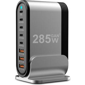 USB C Fast Charger - 285W GaN 8 Port Fast Charging Station Tower Hub: Type C Charger Block Power Strip Adapter Plug for MacBook iPad iPhone 17/16/15/14/13/12 Pro Max Samsung Galaxy & More Smartphones