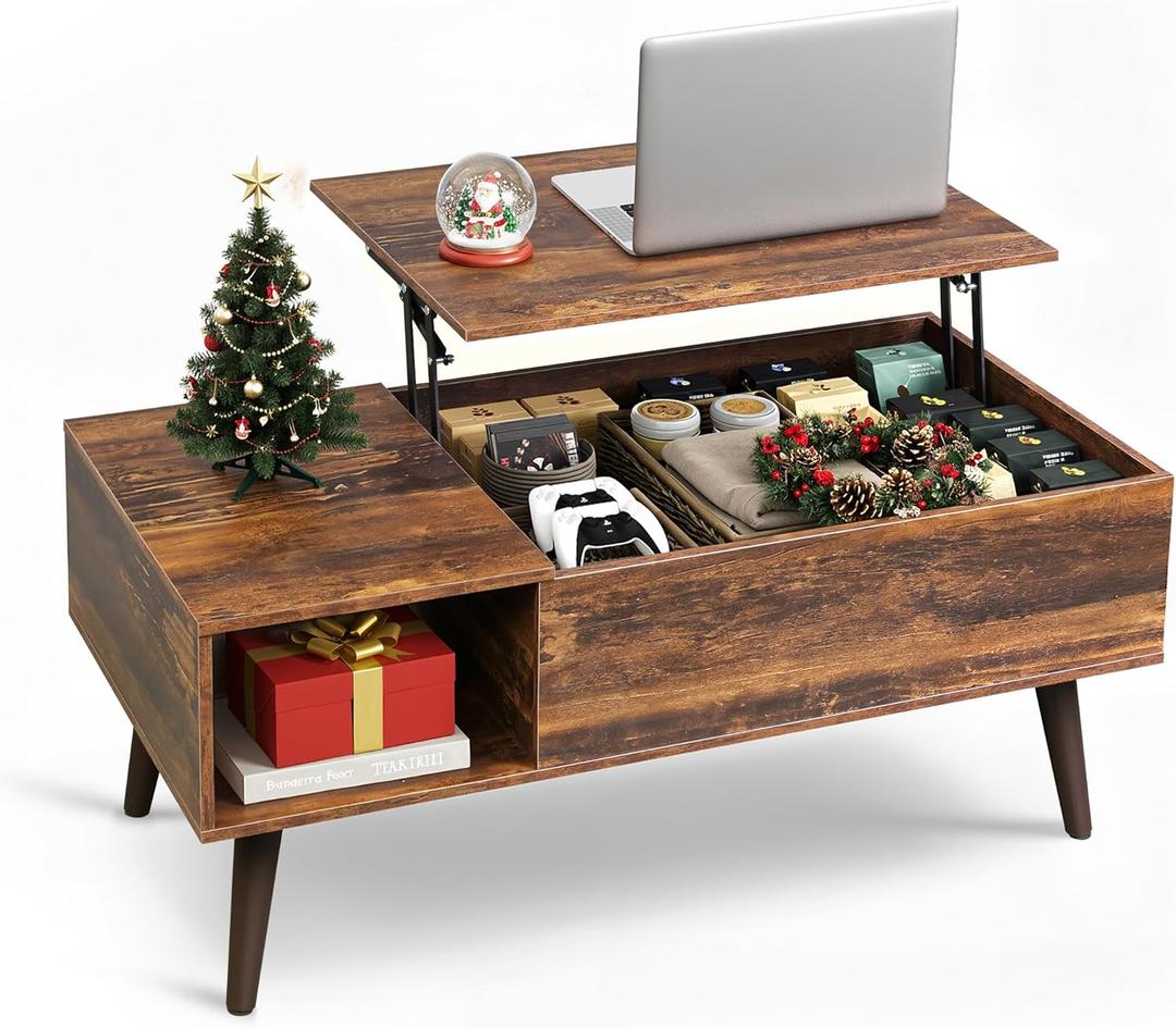 WLIVE Coffee Table for Living Room, Lift Top Coffee Table with Storage, Small Rising Wooden Dining Center Table with Storage Shelf & Hidden Compartment, 39" Rustic Brown