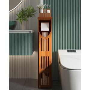 AmazerBath Bamboo Toilet Paper Holder with Storage, Bathroom Toilet Paper Storage Cabinet, Small Bathroom Storage Cabinet for Small Spaces, Slim Bathroom Storage Cabinet, 33x7.3x6.5 Inches, Brown