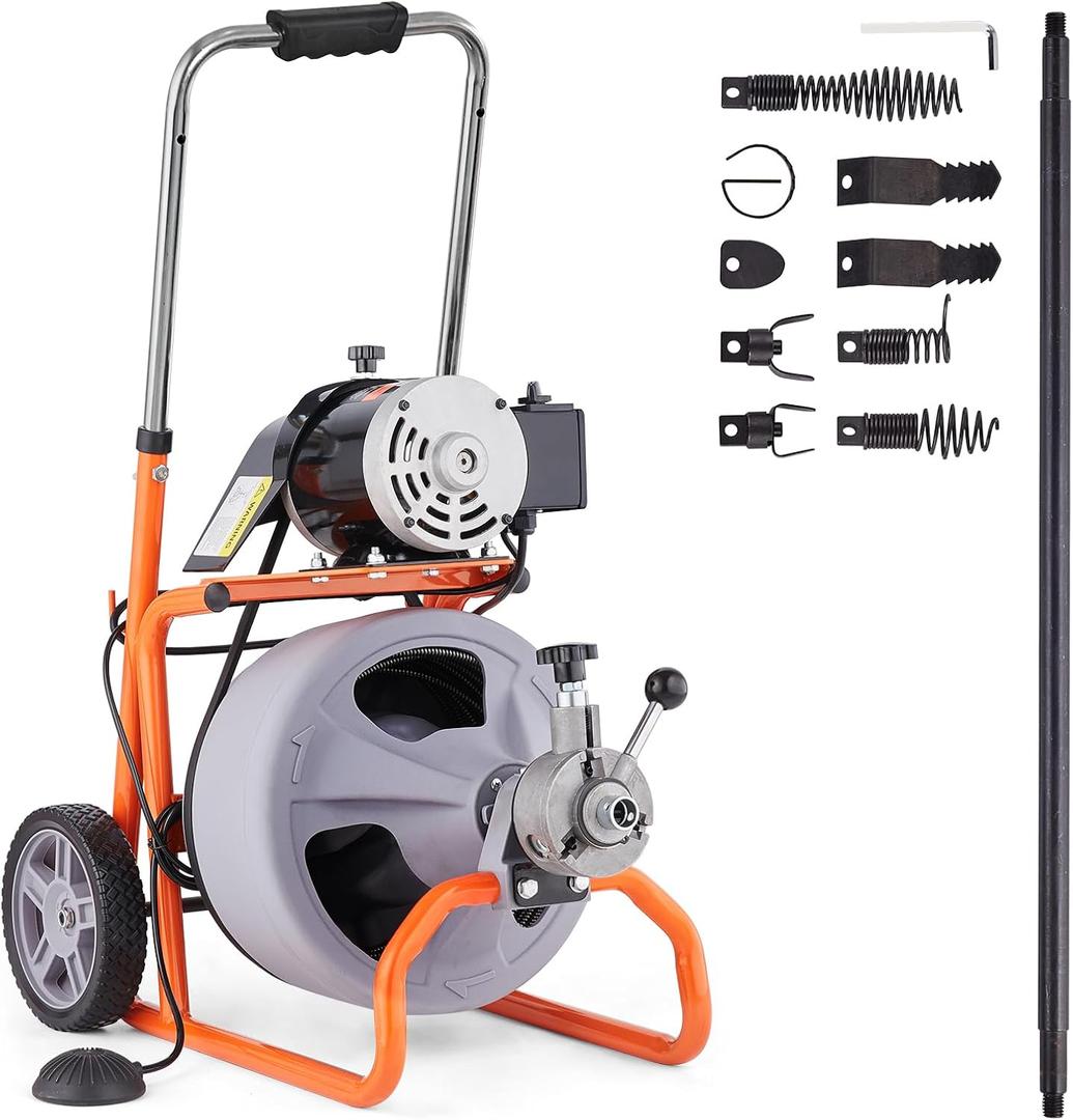 VEVOR Drain Cleaner Machine 75FT x 3/8 Inch, Auto Feed Sewer Snake Drain Auger on Wheels, Portable Drain Cleaning Machine with 8 Cutters & Air-activated Foot Switch for 2" to 4" Pipes