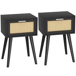 LAATOOREE Nightstand Set of 2, Small End Table with Rattan Door, Bedside Table with Solid Wood Feet, Boho Side Table for Bedroom Living Room Small Space - Black