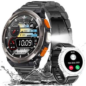 EIGIIS KE5 Military Smart Watch for Men with Flashlight SOS 3ATM Waterproof Watch 530mAh Big Battery 1.45" Rugged Tactical Smartwatch with Compass Elevation Barometer Fitness Watch for iPhone (Black)