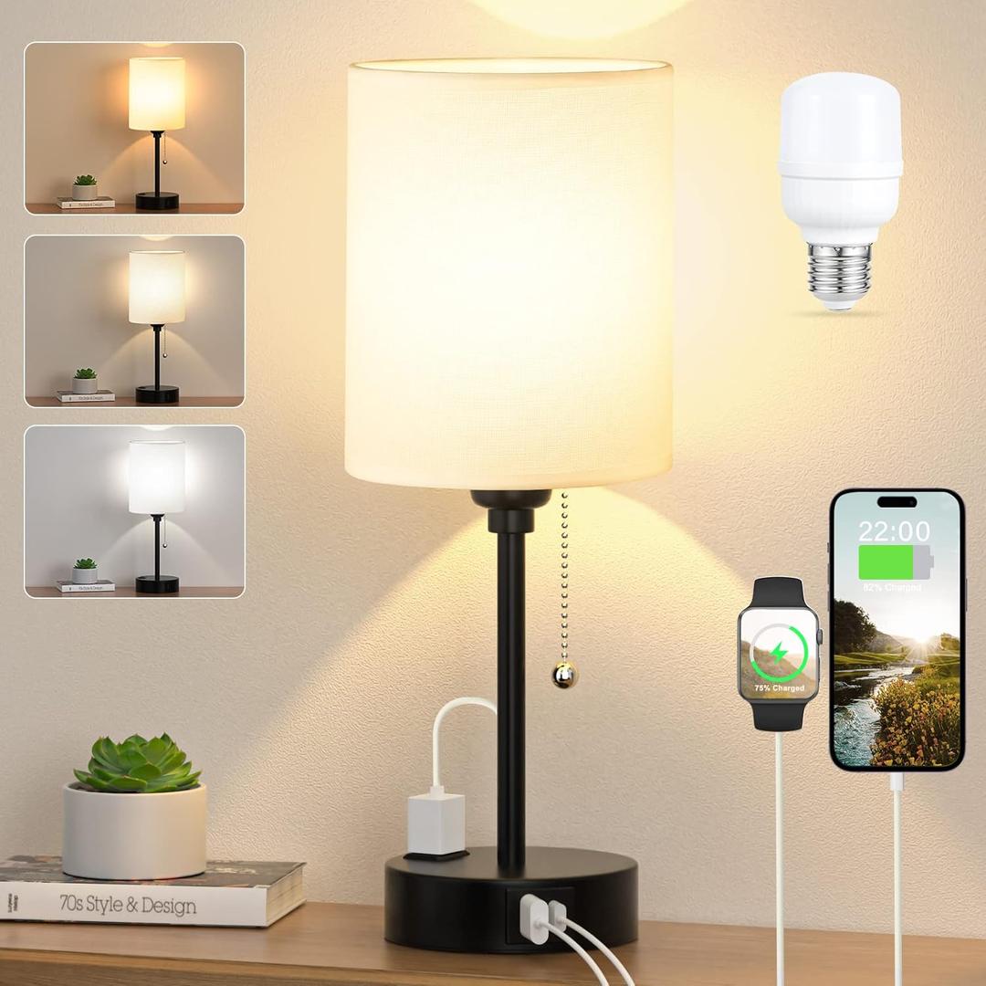 Small Bedside Table lamp for Bedroom - 3 Color Temperatures Bedside Lamps with USB C and A Ports, Pull Chain Table Lamps with AC Outlet, White Nightstand Lamps with Black Metal Base for Kids Reading (14.6in)