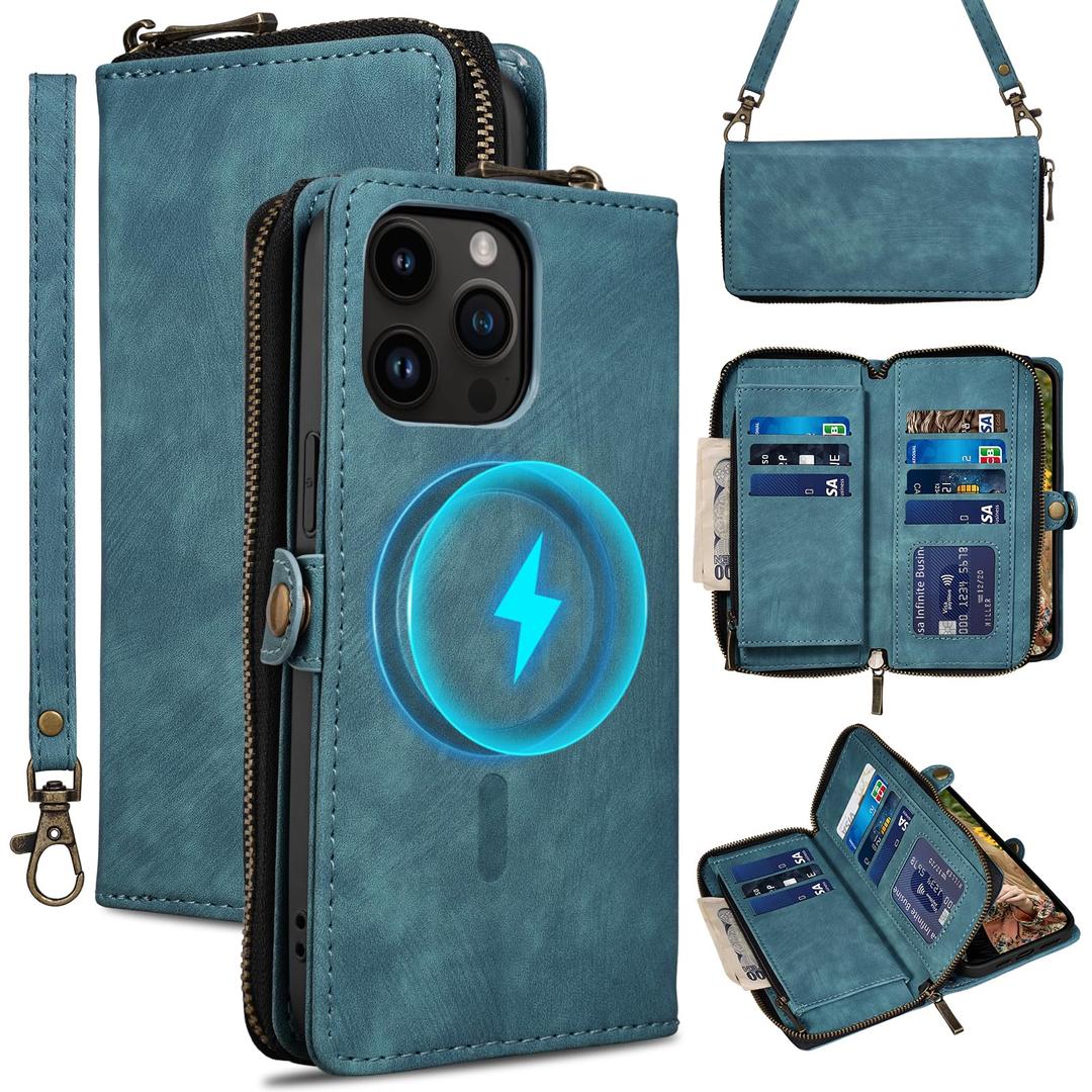 Rssviss Wallet Case for iPhone 16 Pro Max Crossbody with Card Holder Wrist Strap, Flip Zipper Case Compatible with Magsafe, RFID Blocking Purse Cover for iPhone 16 Pro Max Women Men 6.9" Blue