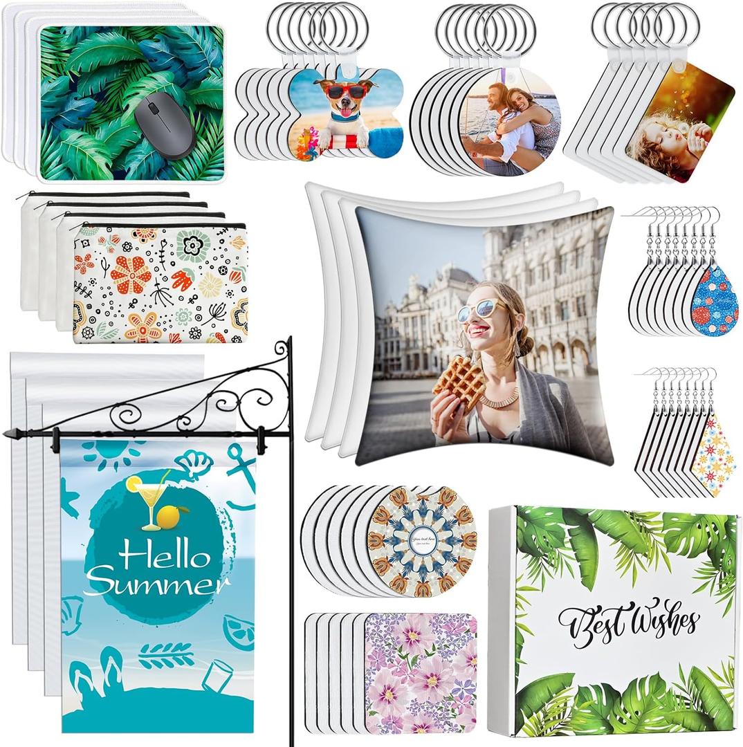 114Pcs Sublimation Blanks Products, Sublimation Blanks Set Including DIY Blank Makeup Bag, Keychain, Earring, Pillow Cover, Mouse Pad, Coaster, Garden Flag for Sublimation Transfer Heat Press Craft