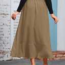 MAKABO Women's Maxi A Line Skirt with Slit, Fall Khaki Ankle Length Skirt Length Tie Outfits for Date Night Vacation, S