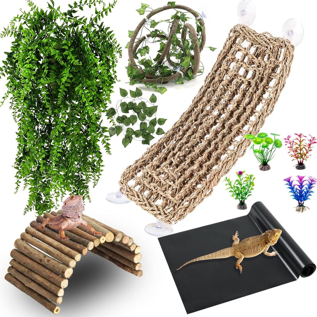HERCOCCI Bearded Dragon Tank Accessories, Reptile Mat Bridge Hammock Flexible - Jungle Climbing Vines and Leaves with Suction Cups Habitat Dcor for Hiding& Climbing Snake Gecko Lizard Chameleon