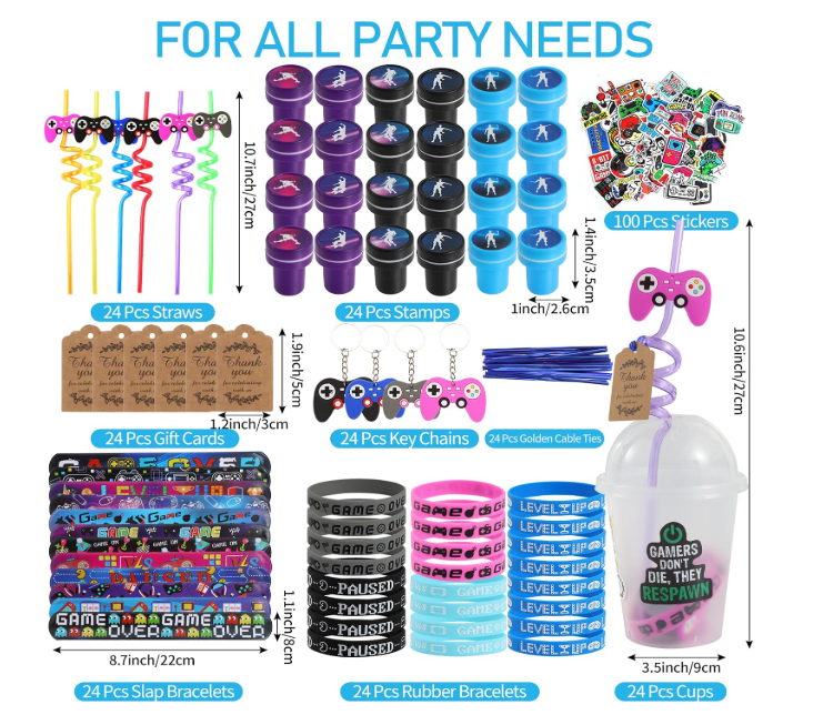 LiYiQ 292 Pcs Video Game Party Favors With Reusable Drinking Straws Cups Slap Bracelets Keychains Gift Tags Stamps Stickers and Twist Ties for Gamer Birthday Party Supplies (Blue and Black Game)