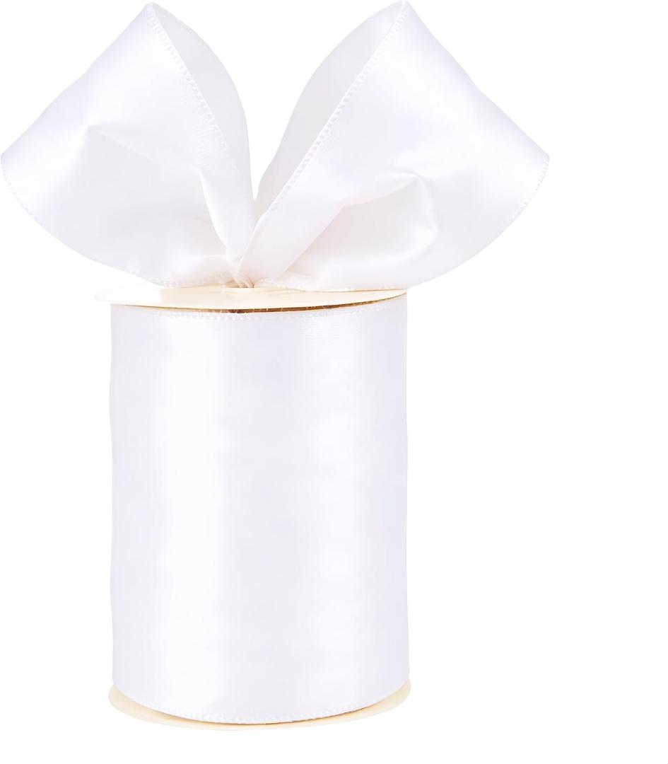 Meseey 4 Inch White Satin Wired Ribbon 20 Yards, Extra Wide Solid Wired Edge Ribbon for Gift Wrapping, Wreaths, Big Bows, Floral Bouquets, Crafts, Wedding, Birthday, Christmas and Home Decorations