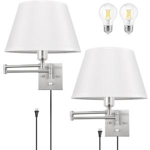TRLIFE Dimmable Wall Sconce Plug in, Brushed Nickel Wall Sconces Set of Two Swing Arm Wall Lights with Plug in Cord and On/Off Dimmer Rotary Switch, 11.8" Large White Fabric Shade(2 Pack, 2 Bulbs)