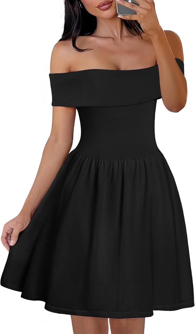MEROKEETY Women's Summer Off Shoulder Mini Dresses 2025 Ruffle A Line Cocktail Party Knit Dress (Medium)