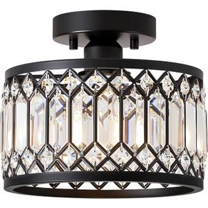 Crystal Black Ceiling Light, Modern Semi Flush Mount Ceiling Lighting Fixture, Round Hallway Lighting Fixtures for Kitchen Entryway Bedroom Laundry Room, 1-Light, 9 Inch