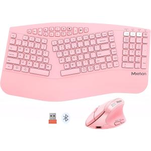 MEETION 2025 Upgrade Pink Ergonomic Keyboard and Mouse, Multi-Device Bluetooth/2.4G Keyboard, 3 DPI Adjustable Wireless Mouse, Full-Sized Rechargeable Cordless for PC/Computer/Laptop/Window