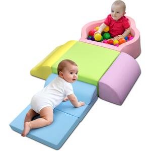 Soft Play Set, Foam Baby Climbing Blocks with Anti-Slip Particles Bottom & Velcro Connectors for Toddlers 6-24 Months, High-Density Foam & Washable Cover for Motor Skills Development (Color)