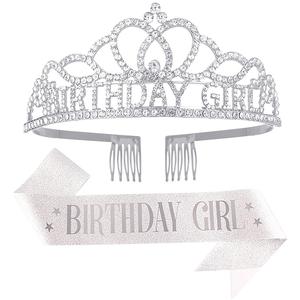 Birthday Tiara and Crown with Sash for Women, Hair Accessories for Wedding Party Costume (A1 - Silver)