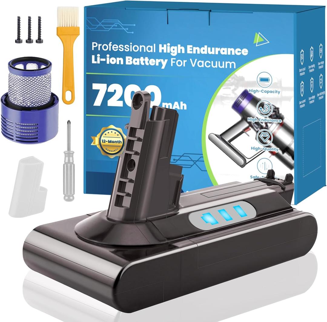 Designed Replacement Battery for Dyson V10, 7200mAh High Capacity Battery Compatible for Dyson V10 Absolute/Fluffy/Motorhead/SV12 Vacuum Cleaner with 1 Filters and 3 Screws Included