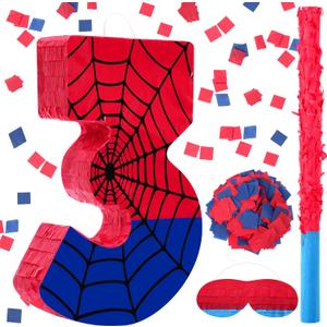 Number 3 Spider Web Piata Bundle with Blindfold Small Piata for Kids Birthday Party Decoration Mexican Fiesta Cinco De Mayo Anniversary Celebration Gift, 15.75 x 11 x 2.8 In(Red Blue)