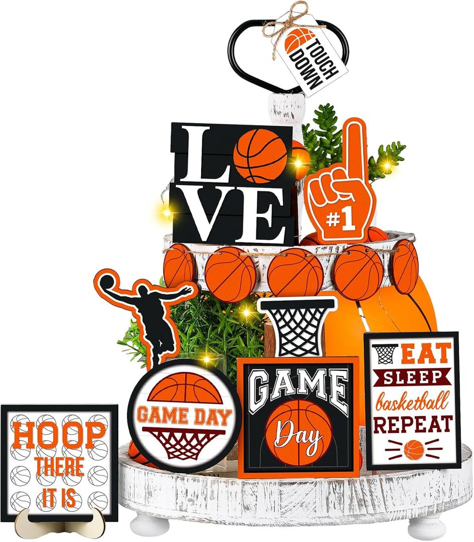 13 Pcs Basketball Tiered Tray Decor Wooden Basketball Table Centerpieces Decor Rustic Wooden Sport Game Sign for Fans Theme Party Supplies