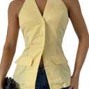 MakeMeChic Women's Halter Button Down Linen-Like Vest Business Office Sleeveless Tank Tops (XS)