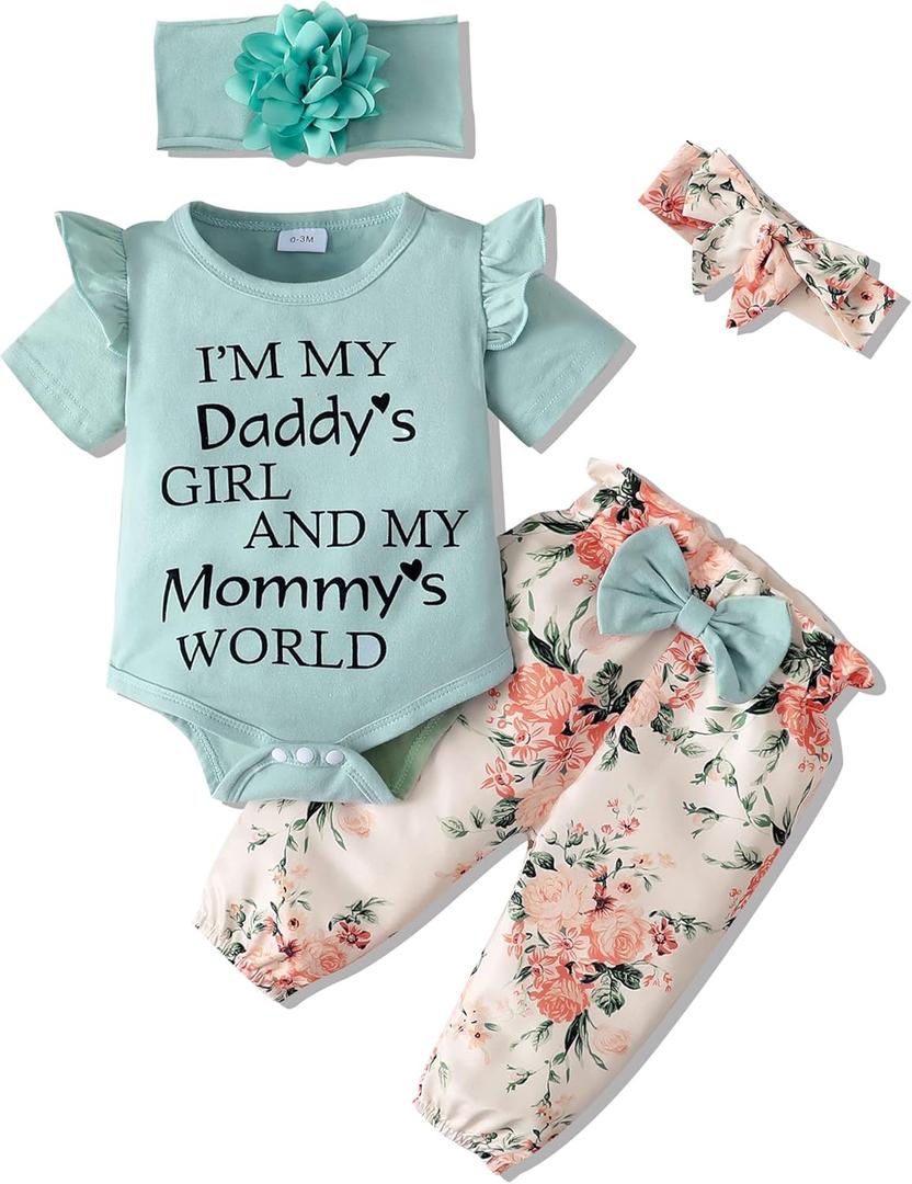 SUNNY PIGGY Newborn Infant Baby Girl Clothes Ruffle Romper Toddler Girl Floral Cotton Pant Sets Girls Clothing Outfit (0-3 Months, Green)