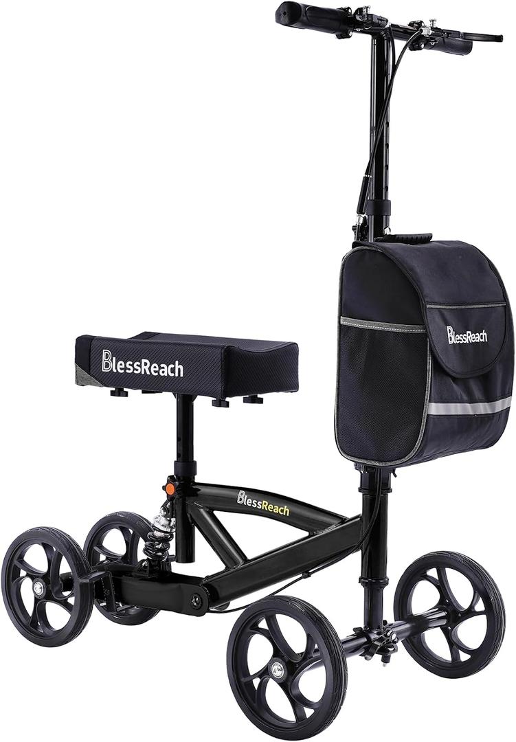 BlessReach Steerable Knee Walker Deluxe Medical Scooter for Foot Injuries Compact Crutches, with Dual Rear on-Wheel Brake and Shock Absorption Under The Knee Pad, Black