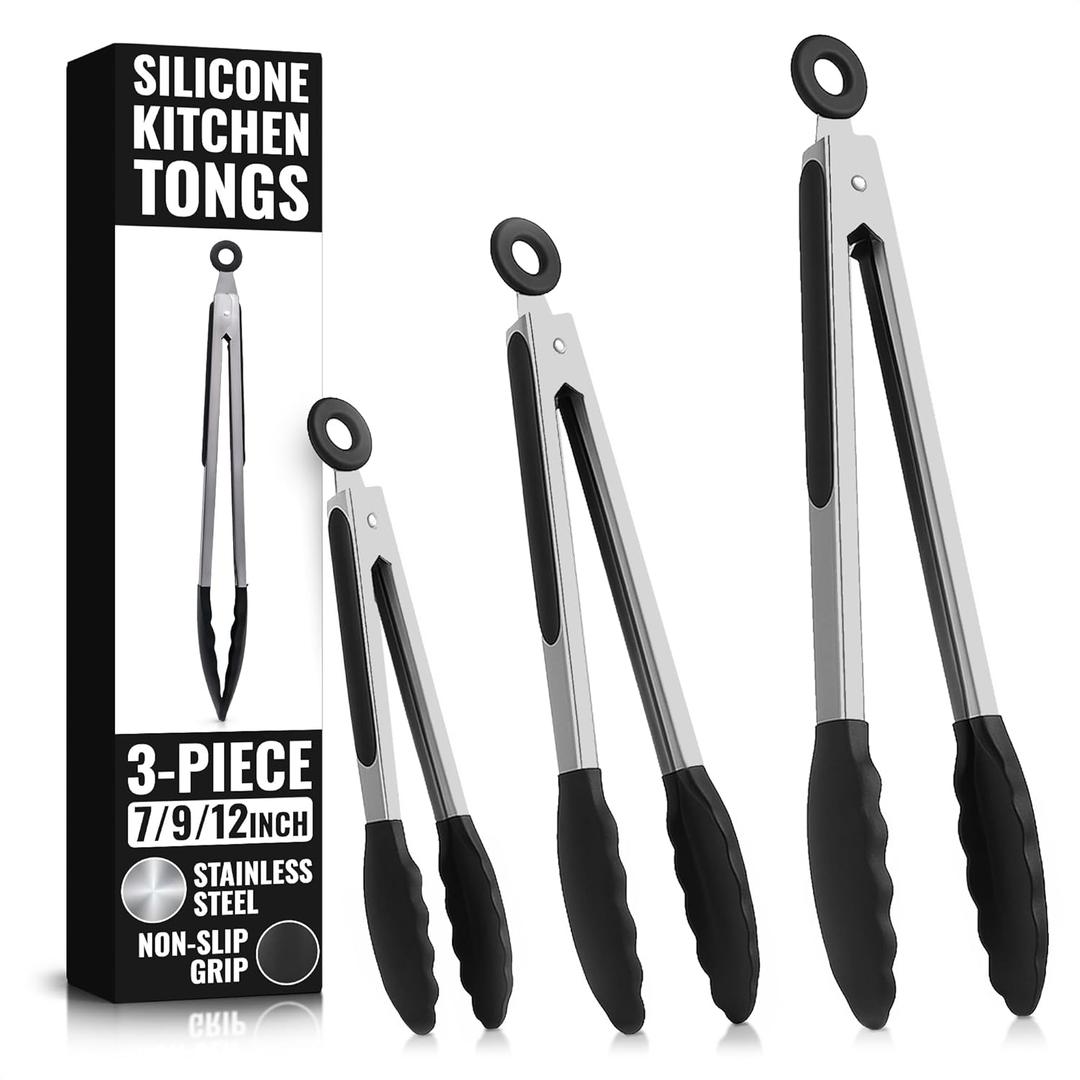 Kitchen Tongs Set of 3-7/9/12" Silicone Tipped Tongs for Cooking with Stainless Steel Build for Heat Resistant Handling, Non Stick & Easy-Lock Storage  Versatile Set for Meat Flipping & Salad Prep