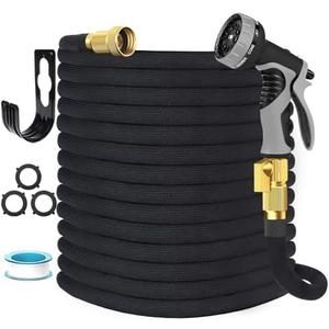 Garden Hose Non-Expandable 50 ft, Lightweight Flexible Water Hose with 10 Function Spray Nozzle, Outdoor Leak Proof, Kink-Free, Portable Hose for Yard, Lawn, Camper, High-Density Fabric, Black Grey