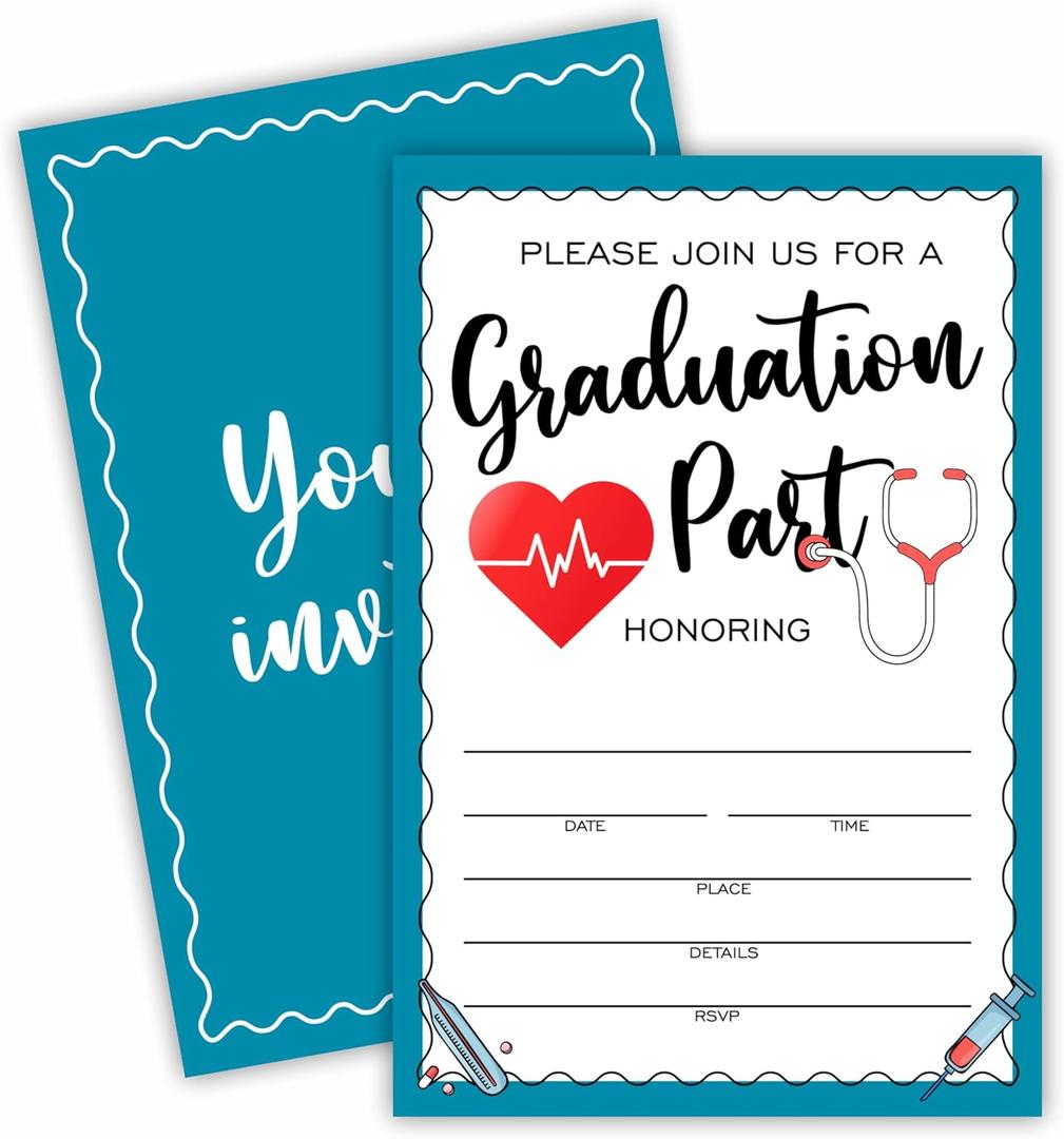 2025 Nurse graduation invitations - 20 invitation cards with envelopes, Electrocardiogram style fill-in party Announcement invitation Cards, Medical Nursing Graduation celebrate Supplies - A01