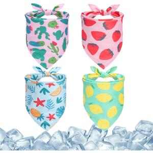 PAWCHIE Dog Cooling Bandana 4 Pcs, Summer Dog Bandanas Kerchief Set Reversible Triangle Bibs,Adjustable Soft Cute Square for Summer Puppy Small Medium Large Pets Costume Accessories, Fruit Style XL