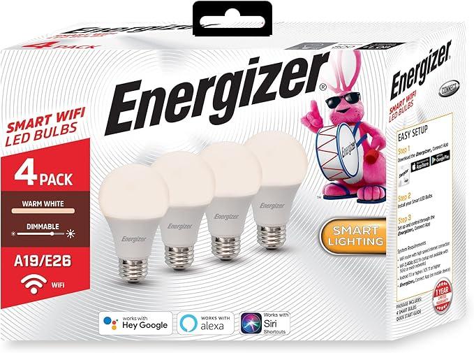 Energizer Connect Smart A19 LED Warm White Light Bulb with Voice Control and Remote Access Through Your Smartphone | Compatible with Alexa and Google Assistant, 4 Pack
