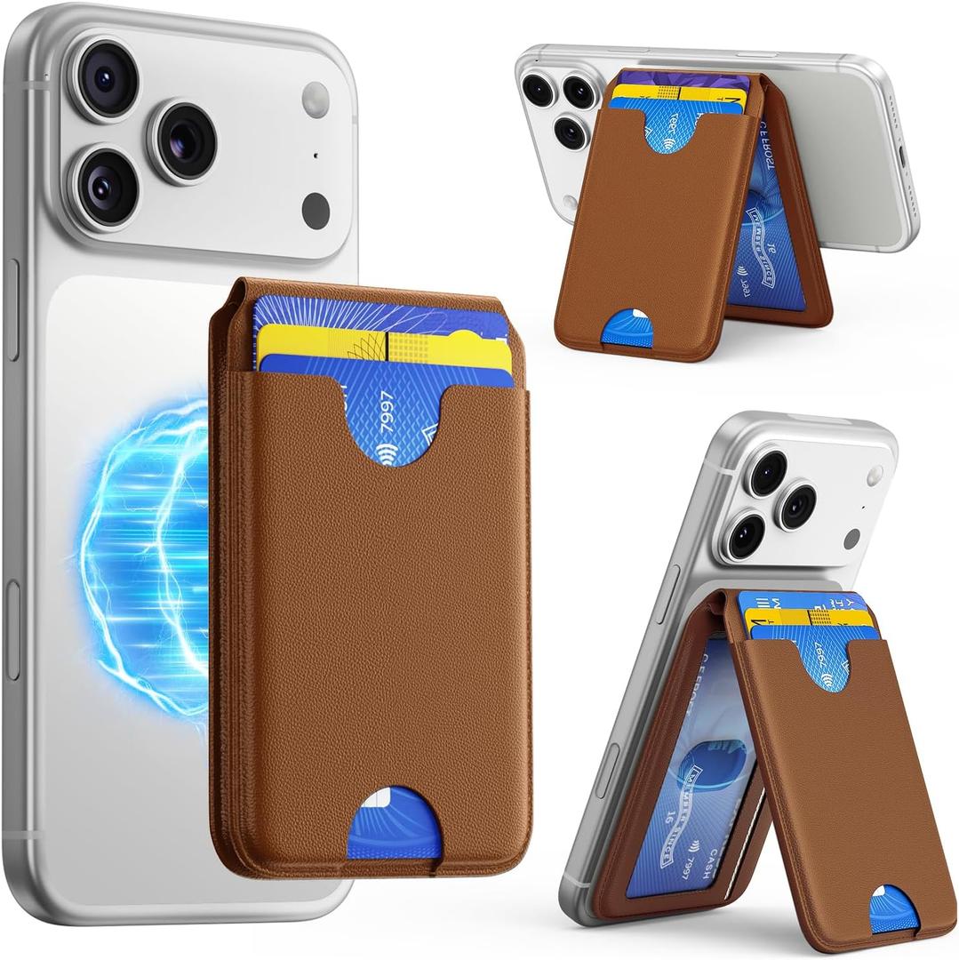 2025 Upgraded for MagSafe Wallet, 5 Card Holder, RFID Blocking, Magnetic Wallet for iPhone with Adjustable Stand, Slim for iPhone 17/16/15/14/13/12 Series, Not for 13/12 Mini, Vegan Leather, Brown