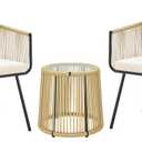 Yaheetech 3 Piece Patio Rattan Bistro Set, Outdoor All Weather PE Wicker Conversation Furniture Set with 2 Chairs & Tempered Glass Top Table & Cushions, for Poolside/Porch/Garden/Yard, Tan/Cream