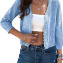 Kate Kasin Women's Cropped Cardigan Sweaters Trendy Lightweight 3/4 Sleeve Button Down Crochet Textured Shrugs Top.XL