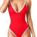 OQQ Women's One Piece Swimsuit Tummy Control V Neck Bathing Suits 2025 Trendy (Medium, Red)