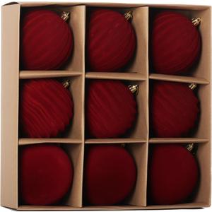 Senjie 3.94 inch Burgundy Velvet Christmas Ornaments Balls Flocked Christmas Tree 9PCS Plastic Balls Xmas Hanging Ornaments Decoration Red