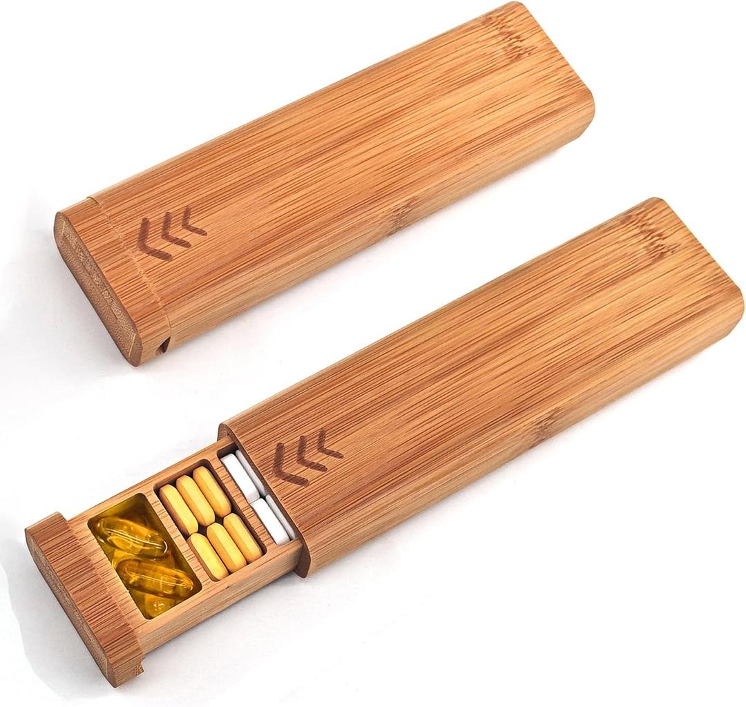 [Upgrade] Bamboo Weekly Pill Organizer 1 Time a Day  Daily Pill Box 7 Day, Travel Pill Case Perfect for a Vitamin or Supplement, Bamboo Wood Medication Box, 1Pcs