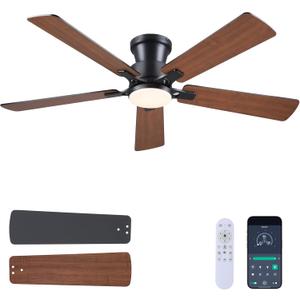 JSAITEE 52Inch Ceiling Fan with Lights and Remotes, Modern Smart Flush Mount Ceiling Fans,DC Reversible Motor, 3CCT Dimmable,Noiseless,Dual Finish, Brown 6 Speeds Ceiling Fan for Indoor/Outdoor