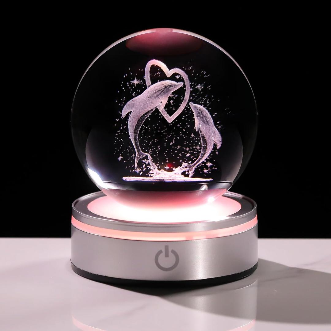 3D Dophin&Love Crystal Ball Night Lights with LED Multicolour Base,3.15inch Glass Dolphin Figurines Sphere Gifts for Women,Birthday Lovers Room Decoration