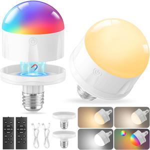 5000mAh Rechargeable Light Bulbs with Remote: E26 Led Battery Operated Light Bulb with 10 Colors & Timer for Sconces & Lamps - Dimmable Cordless Magnetic Bulbs with Remote for Non-Hardwired Fixture
