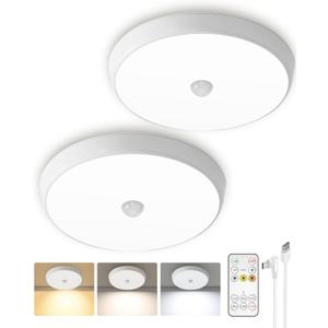Motion Sensor Light Indoor, 2-Pack, 10000mAh, 7.1inch, 400LM, Remote Control, Dimmable, LED, Flush Mount, Wireless, Rechargeable, Battery Operated, Cordless, Ceiling Light, Closet Light, No Wiring (3 Color Modes: Warm / Neutral / Cool)