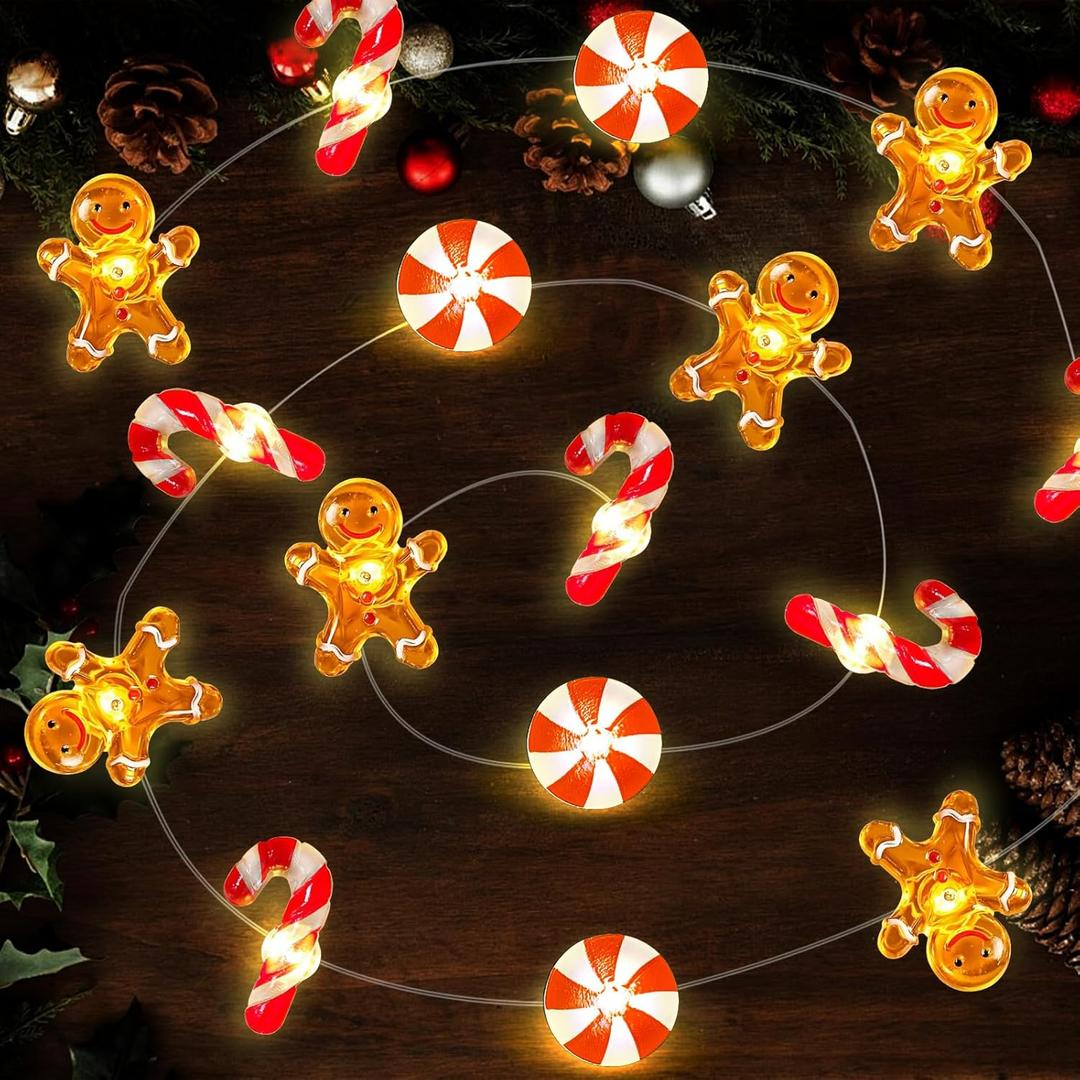 [Timer Christmas Gingerbread Decorations, 16Ft 40LED Candy Cane Christmas Fairy Lights Battery Operated, Xmas Gingerbread Man String Lights Decorations Indoor Holiday Party Tree Decor