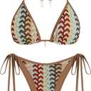 ZAFUL Women's Colorblock Stripes Triangle Halter Tied Cheeky Thong Bikini Set High Cut Two Piece Bathing Suit S